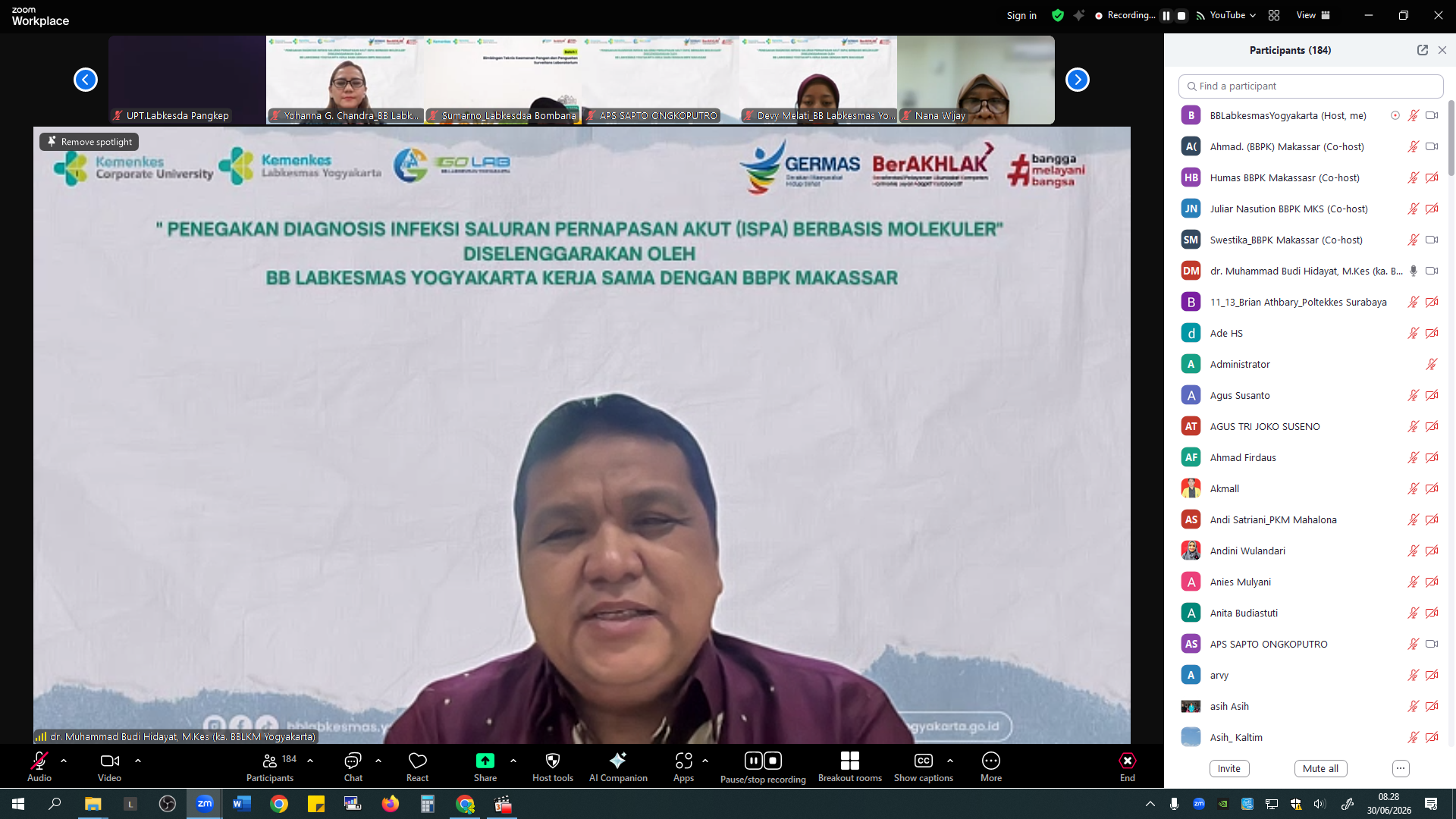 BB Labkesmas Yogyakarta Selenggarakan Webinar Nasional "Penegakan Diagnosis Infeksi Saluran Pernapasan Akut (ISPA) Berbasis Molekuler