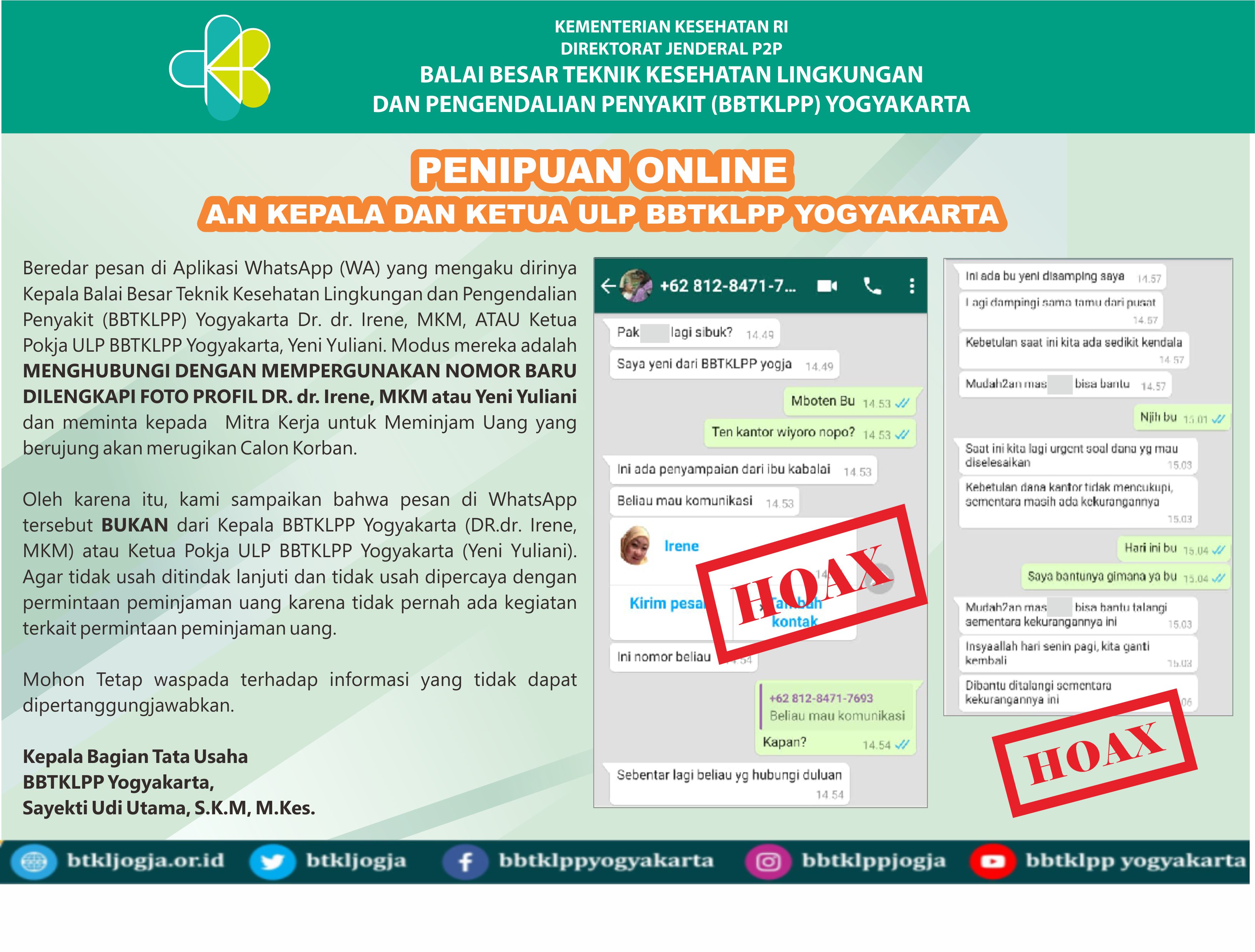 Penipuan Online A.N Kepala Dan Ketua Ulp BBTKLPP Yogyakarta